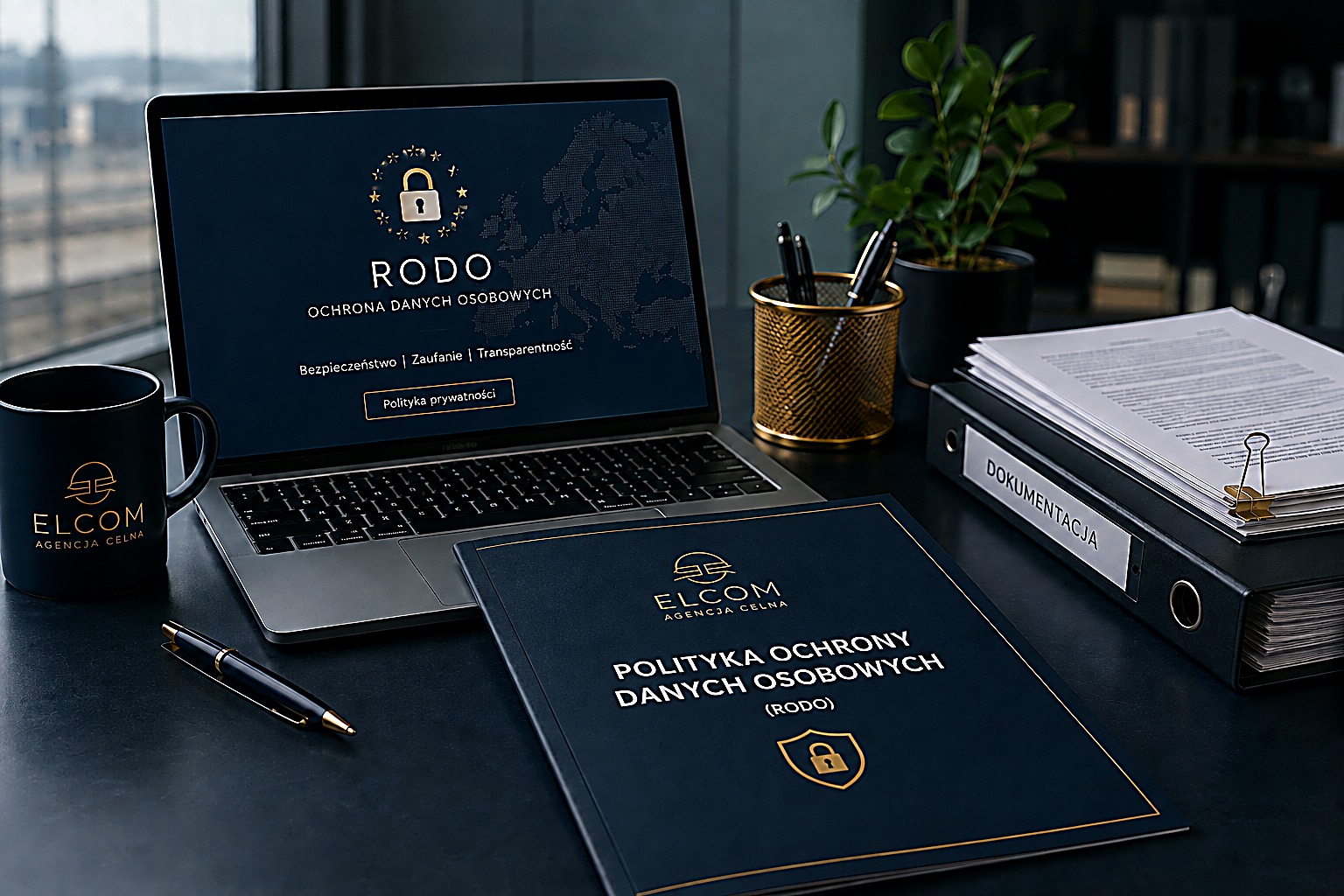 Ekran z informacją o RODO i teczka Polityki Ochrony Danych Osobowych na biurku Agencji Celnej ELCOM